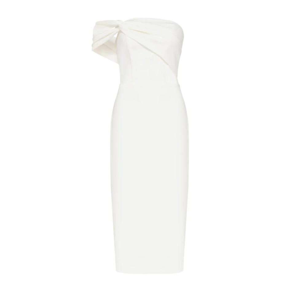 Milla Bridal Shower Dresses: White Classy Midi Dress with Open Neckline