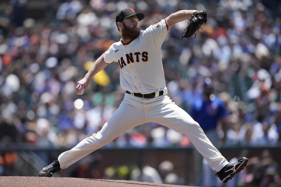 San Francisco Giants pitcher John Brebbia works against the Chicago Cubs during the first inning of a baseball game in San Francisco, Sunday, June 11, 2023. (AP Photo/Jeff Chiu)
