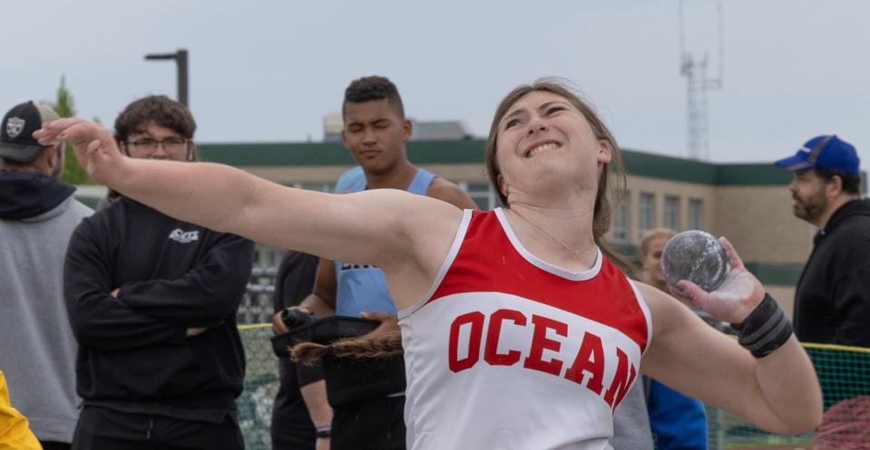 Ocean Township’s Eve Segal wins the Girls Shot Put at the 2024 Shore Conference Track Championships at Neptune, NJ on May 18, 2024.
