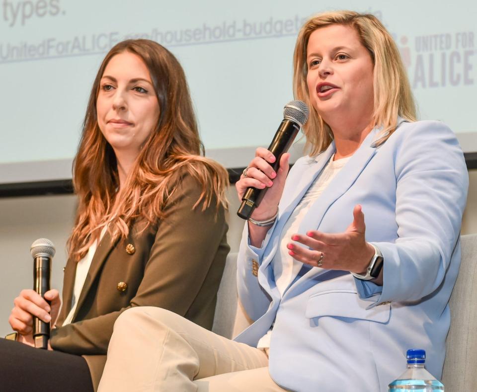 Regional Industry Support Enterprise President and CEO Anna Chafin (right) responds to a question during Goodwill Southeast Georgia's workforce panel discussion alongside United Way of the Coastal Empire's Chief Impact Officer Leia Dedic on May 17, 2024.