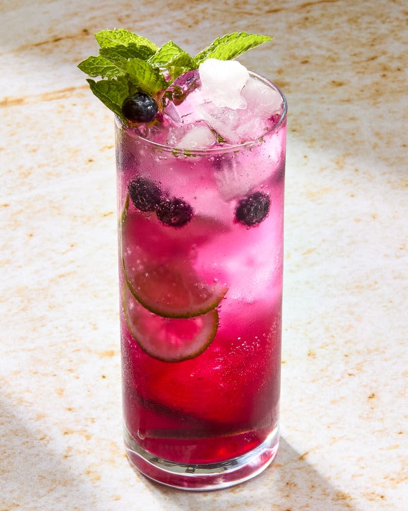 A blueberry mojito in a collins glass with fresh blueberries and slices of lime floating in the glass, garnished with fresh mint.