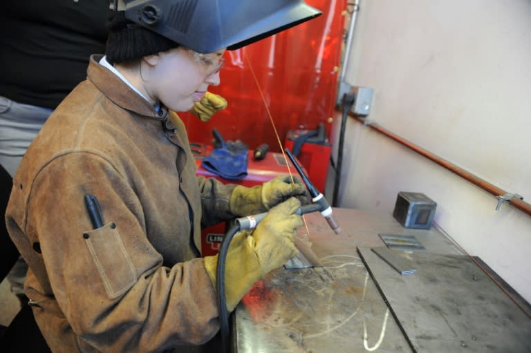 Student Stacy Harris practices welding at the Chicago Women in Trades training organization