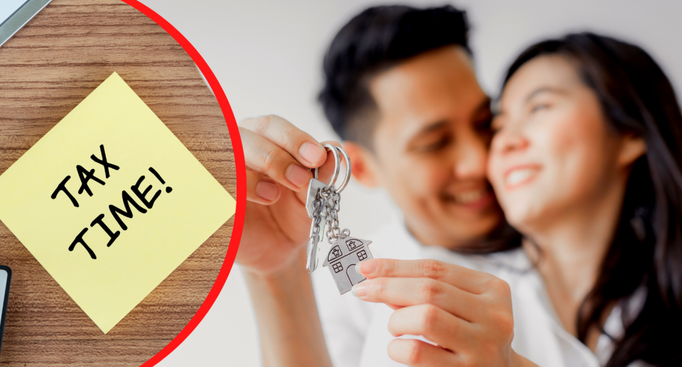 Happy Asian couple holding keys to a house with inset of graphic that says tax time.