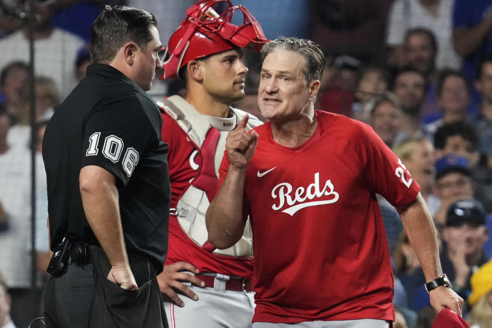 Cincinnati Reds manager David Bell, right, argues with home plate umpire Derek Thomas during the third inning of the team's baseball game against the Chicago Cubs in Chicago, Thursday, Aug. 3, 2023. Bell was ejected. (AP Photo/Nam Y. Huh)