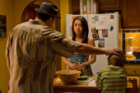 David Zayas as Angel Batista, Aimee Garcia as Jamie Batista, and Jadon Wells as Harrison in the "Dexter" Season 8 episode, "Are We There Yet?"