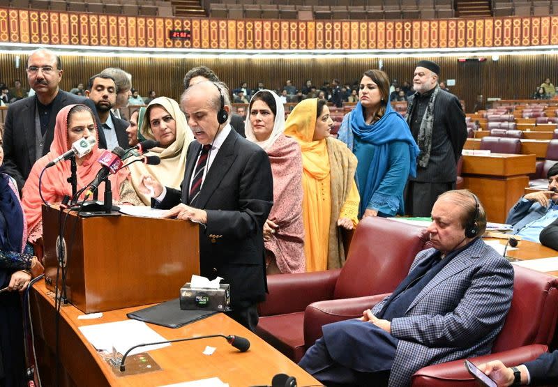 Shehbaz Sharif, delivers speech after elected as Pakistan's prime minister for second term, in the National Assembly building in Islamabad