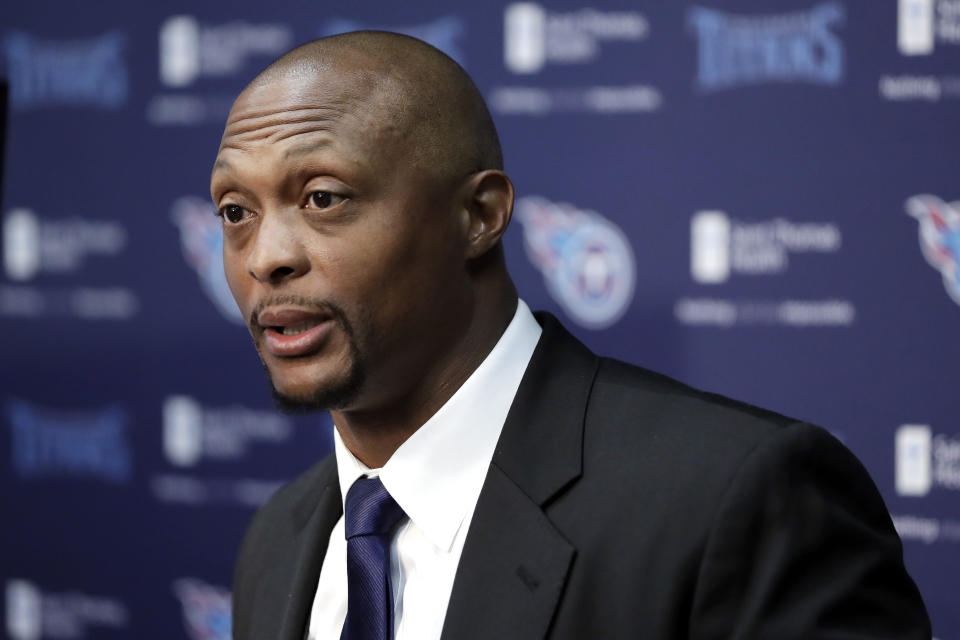 Former Tennessee Titans running back Eddie George speaks during an announcement at the Titans' NFL football training facility Wednesday, June 12, 2019, in Nashville, Tenn., that his number will be retired. The team will retire George's No. 27 and former quarterback Steve McNair's No. 9 on Sept. 15 at their home opener against the Indianapolis Colts. (AP Photo/Mark Humphrey)