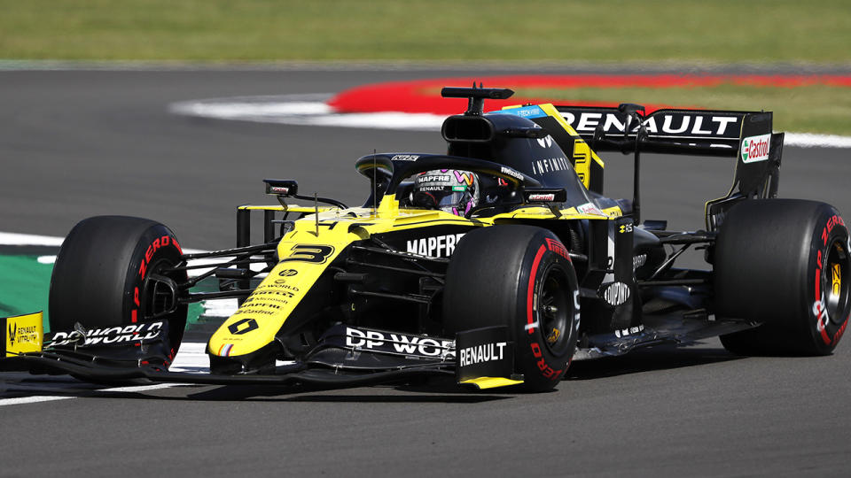 Daniel Ricciardo is pictured driving his Renault F1 car in qualifying for the British GP.