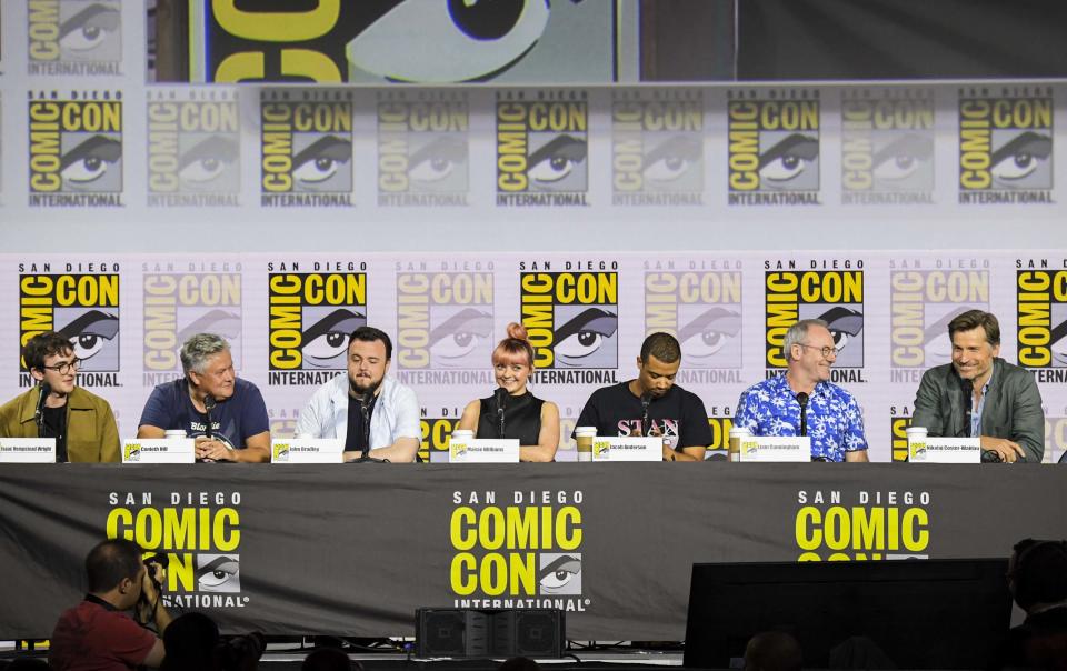 SAN DIEGO, CALIFORNIA - JULY 19: Liam Cunningham, Conleth Hill, Isaac Hempstead, Isaac Hempstead, Maisie Williams, Nikolaj Coster-Waldau, and Jacob Anderson at “Game Of Thrones” Comic Con Autograph Signing 2019 on July 19, 2019 in San Diego, California. (Photo by Jeff Kravitz/FilmMagic for HBO)