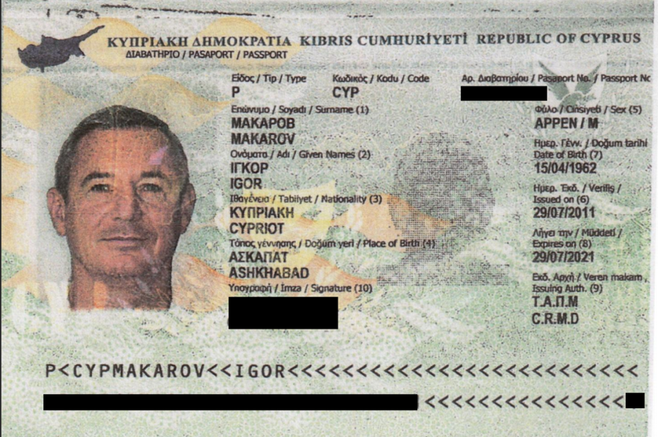 Una copia del pasaporte del oligarca Igor Makarov, filtrada al Miami Herald y a los medios noticiosos asociados en la investigación de 2021 'Pandora Papers'. ICIJ