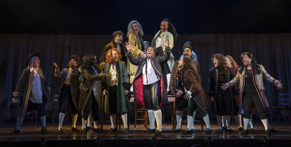 This image released by Polk & Co. shows the company during a performance of Roundabout Theatre Company's "1776" in New York. ( Joan Marcus/Polk & Co. via AP)