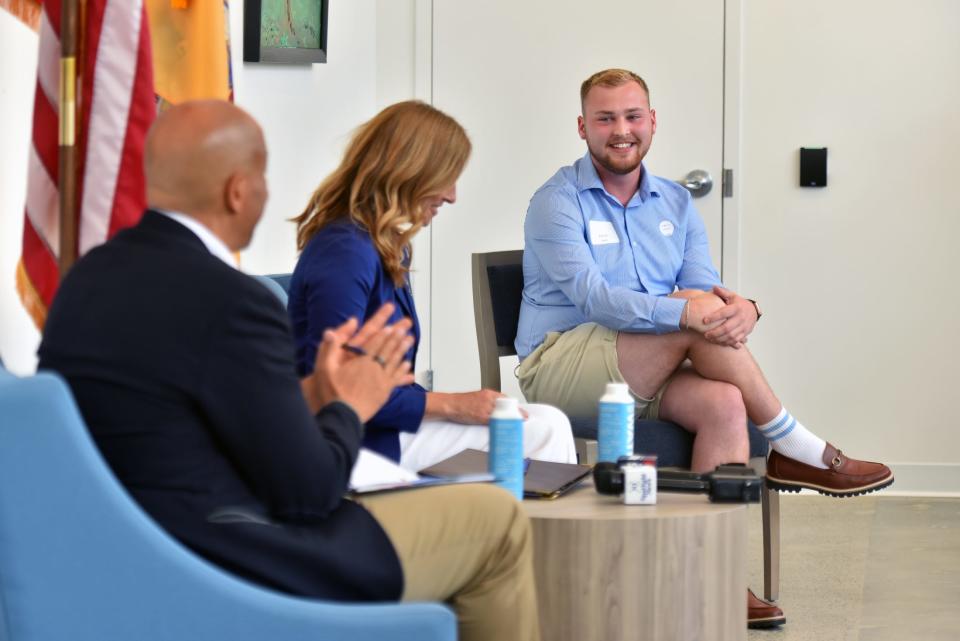 Zach Orr shares how EDGE New Jersey in Denville has been a safe haven for him during an LGBTQ+ Town Hall with Senator Cory Booker and Congresswoman Mikie Sherrill on August 15, 2022.