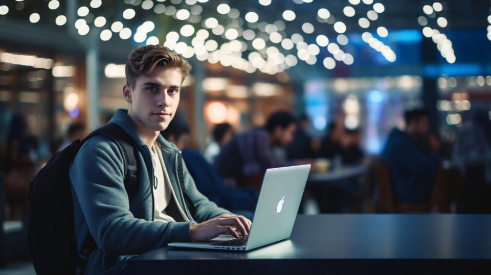 A modern student in a classroom with a laptop, symbolizing the modern education environment.