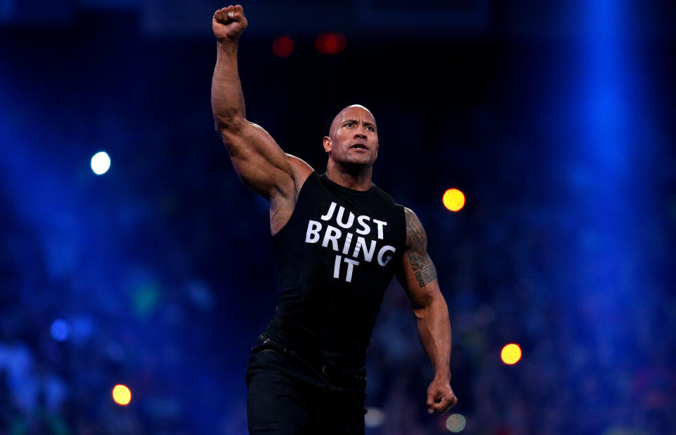 Dwayne Johnson aka The Rock is seen during Wrestlemania XXX at the Mercedes-Benz Super Dome in New Orleans on Sunday, April 6, 2014. (Jonathan Bachman/AP Images for WWE)