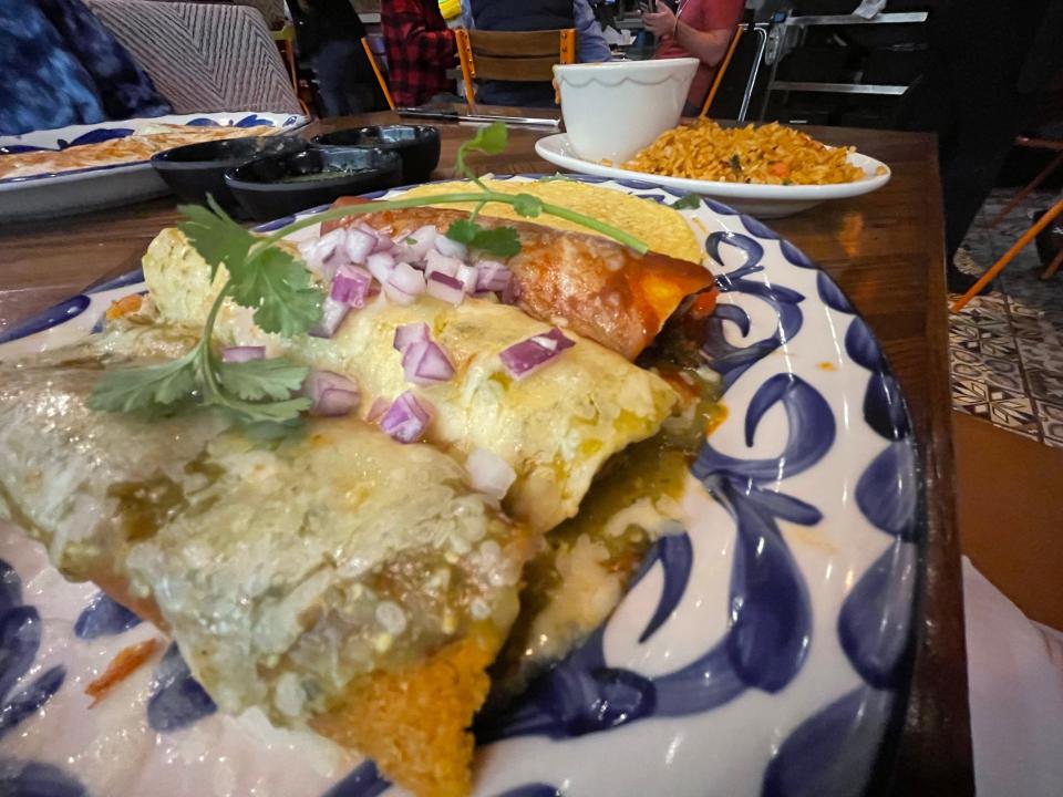 One of the two sampler platters at Loco Burro is the Houston, featuring a beef enchilada, a shredded chicken enchilada, a house-made pork tamal and a crispy beef taco.