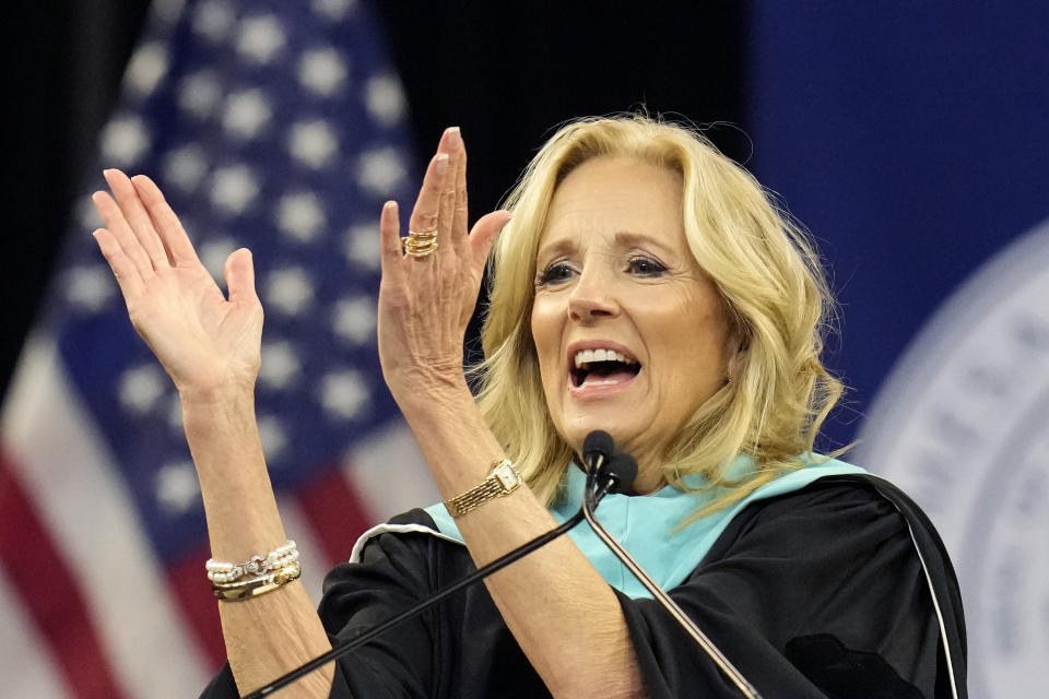 First lady Jill Biden applauds students after speaking at the Mesa Community College commencement Saturday, May 11, 2024, in Tempe, Ariz. (AP Photo/Ross D. Franklin)