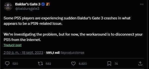 Baldur's Gate 3: versión de PS5 sufre crasheos y Larian propone una curiosa  solución