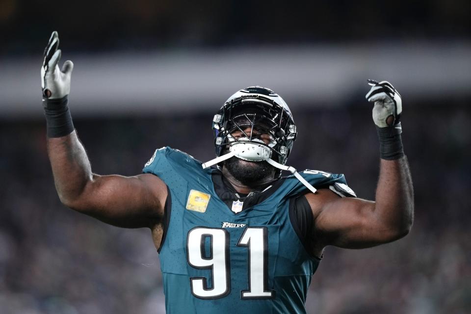 Philadelphia Eagles defensive tackle Fletcher Cox (91) reacts after the Dallas Cowboys turnover on downs during the second half of an NFL football game Sunday, Nov. 5, 2023, in Philadelphia. (AP Photo/Matt Slocum)