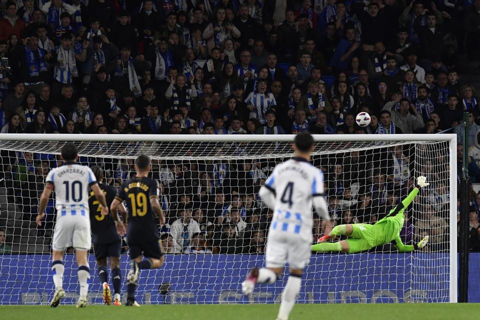 Real Madrid's goalkeeper Kepa Arrizabalaga saves the ball during the Spanish La Liga soccer match between Real Sociedad and Real Madrid in San Sebastian, Spain, Friday, April 26, 2024. (AP Photo/Alvaro Barrientos)