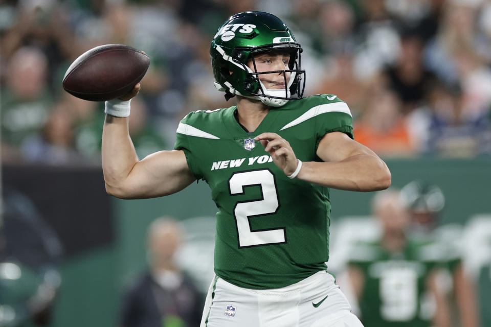 New York Jets quarterback Zach Wilson (2) throws a pass during the first half of a preseason NFL football game against the Tampa Bay Buccaneers, Saturday, Aug. 19, 2023, in East Rutherford, N.J. (AP Photo/Adam Hunger)
