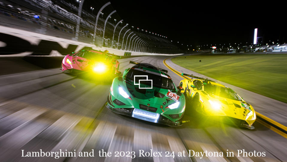 Lamborghini race cars preparing to compete in the 2023 Rolex 24 at Daytona.