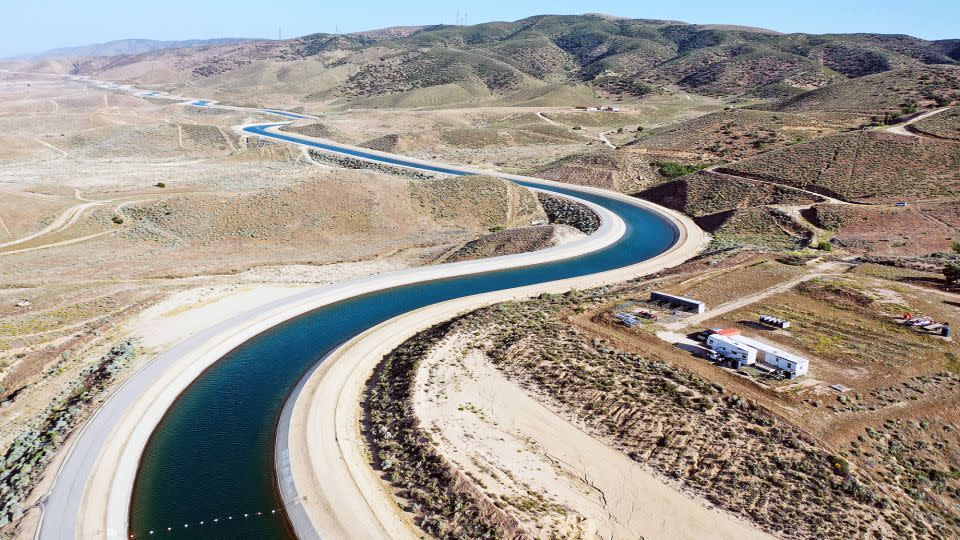 An aerial view of the California Aqueduct, which moves water from northern California to the state's drier south, on May 3, 2022 near Palmdale, California. - Mario Tama/Getty Images