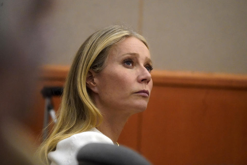 Gwyneth Paltrow sits in court, Wednesday, March 22, 2023, in Park City, Utah. Paltrow is accused of injuring another skier, leaving him with a concussion and four broken ribs. (AP Photo/Rick Bowmer, Pool)