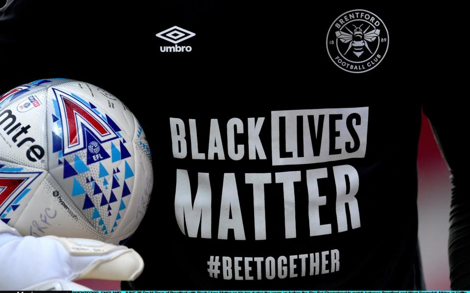 David Raya of Brentford with Black Lives Matter on his top during the warm-up before the Sky Bet Championship match between Brentford and West Bromwich Albion at Griffin Park on June 26, 2020 in Brentford, England -  Getty Images Europe