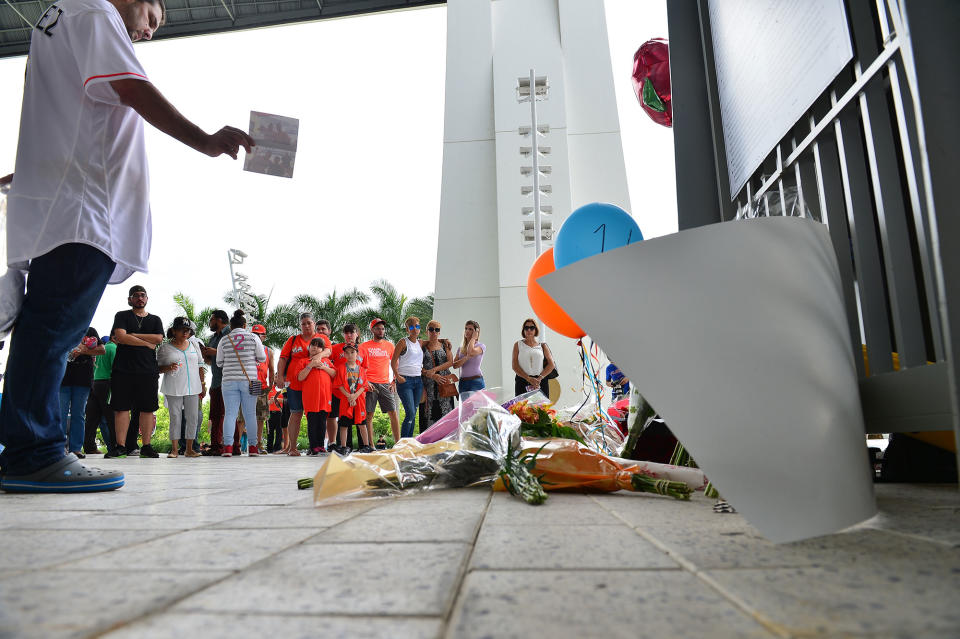 <p>A memorial at Marlins Park to honor Marlins player Jose Fernandez who died in a boat crash on September 25, 2016 in Miami, Fla. (Johnny Louis/WireImage/Getty Images) </p>