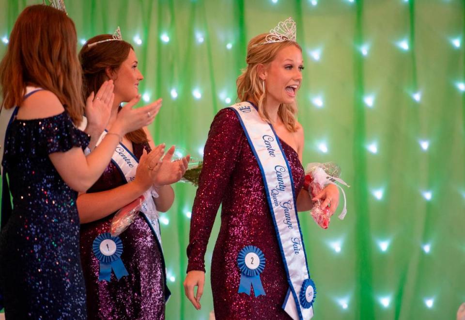 Mattee Stoicheff reacts after being crowned the 2021 Centre County Grange Fair Queen during the coronation on Wednesday, Aug. 18 2021.