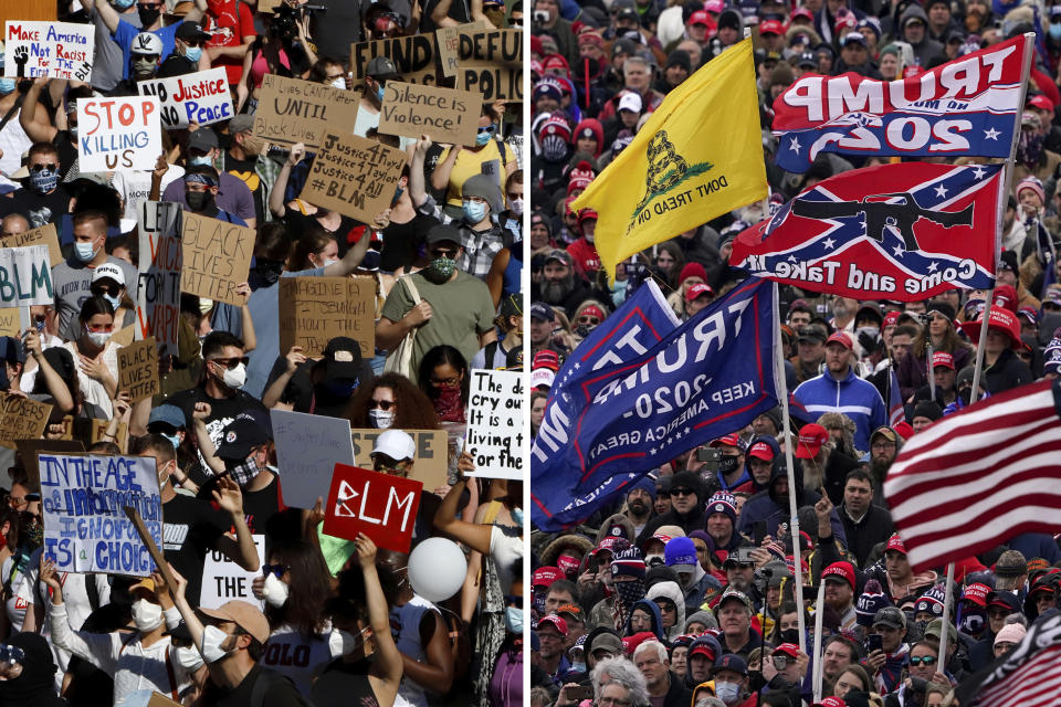 In this combination of photos, on June 7, 2020, protesters participating in a Black Lives Matter rally, left, march to downtown Pittsburgh to protest the death of George Floyd and people listen as President Donald Trump speaks during a rally Jan. 6, 2021, in Washington. Some charged in the Jan. 6 riot at the U.S. Capitol as well as their Republican allies claim the Justice Department is treating them harshly because of their political views. They also say those arrested during last year’s protests over racial injustice were given leniency. Court records tell a different story. An Associated Press review of court documents in more than 300 federal cases stemming from the protests sparked by George Floyd’s death last year shows that dozens of people charged have been convicted of serious crimes and sent to prison. (AP Photos)