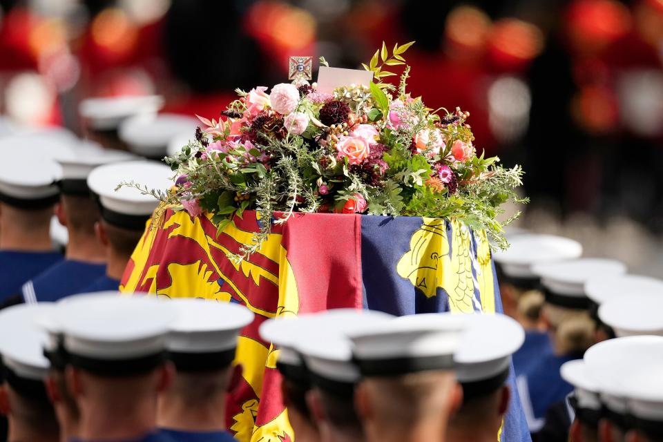 The coffin of Queen Elizabeth II with the Imperial State Crown resting on top is carried by the Bearer Party as it departs Westminster Abbey during the State Funeral of Queen Elizabeth II on September 19, 2022 in London, England. Elizabeth Alexandra Mary Windsor was born in Bruton Street, Mayfair, London on 21 April 1926. She married Prince Philip in 1947 and ascended the throne of the United Kingdom and Commonwealth on 6 February 1952 after the death of her Father, King George VI. Queen Elizabeth II died at Balmoral Castle in Scotland on September 8, 2022, and is succeeded by her eldest son, King Charles III.