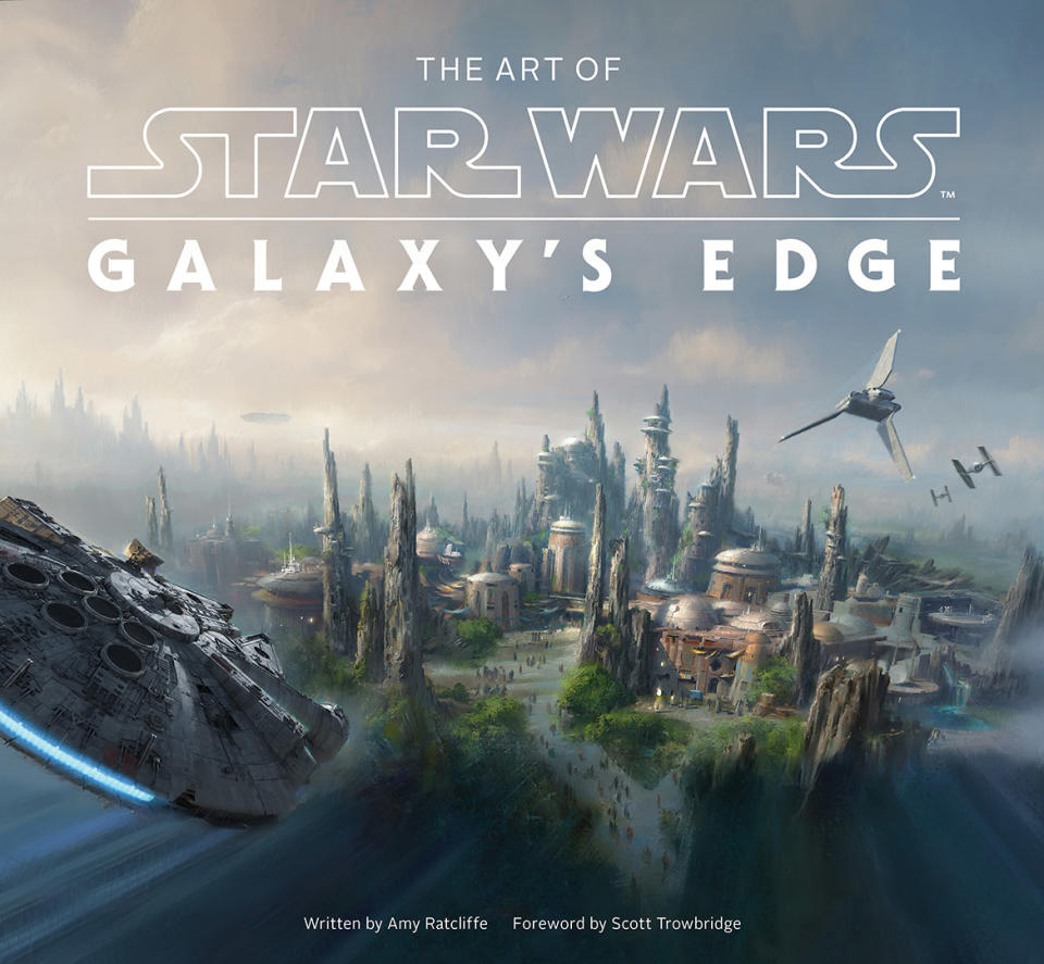 The Millennium Falcon flies into Black Spire Outpost on the cover of Art of Star Wars: Galaxy's Edge