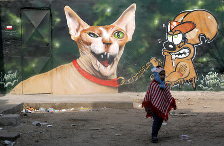 A girl walks in front of a graffiti painted on the wall of a house located inside the 15th-century complex built by Mameluk Sultan al-Ashraf Qaitbey, in Cairo's City of the Dead, Egypt February 13, 2017. REUTERS/Amr Abdallah Dalsh