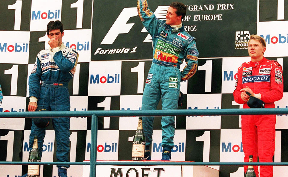 Damon Hill and Michael Schumacher, pictured here on the podium in 1994.