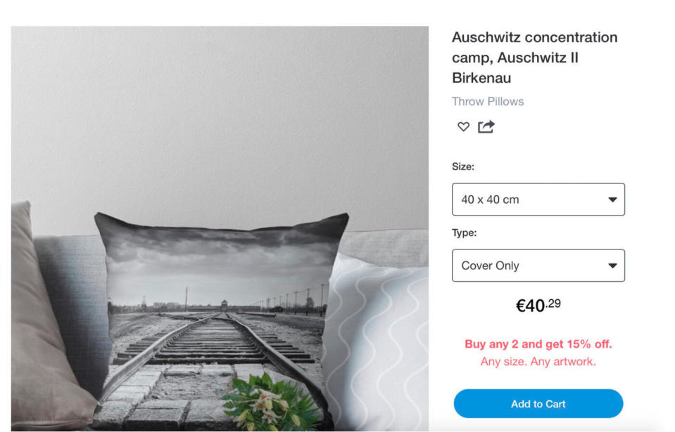 Among the offending items were cushions picturing the iconic railway tracks. Source: Auschwitz Memorial/ Twitter 