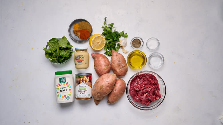 shawarma-ish sweet potato ingredients on a table