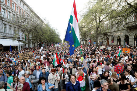 People attend a protest against the government of Prime Minister Viktor Orban in Budapest, Hungary, April 14, 2018. REUTERS/Bernadett Szabo