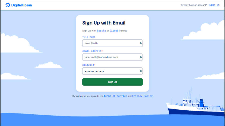 DigitalOcean signup page