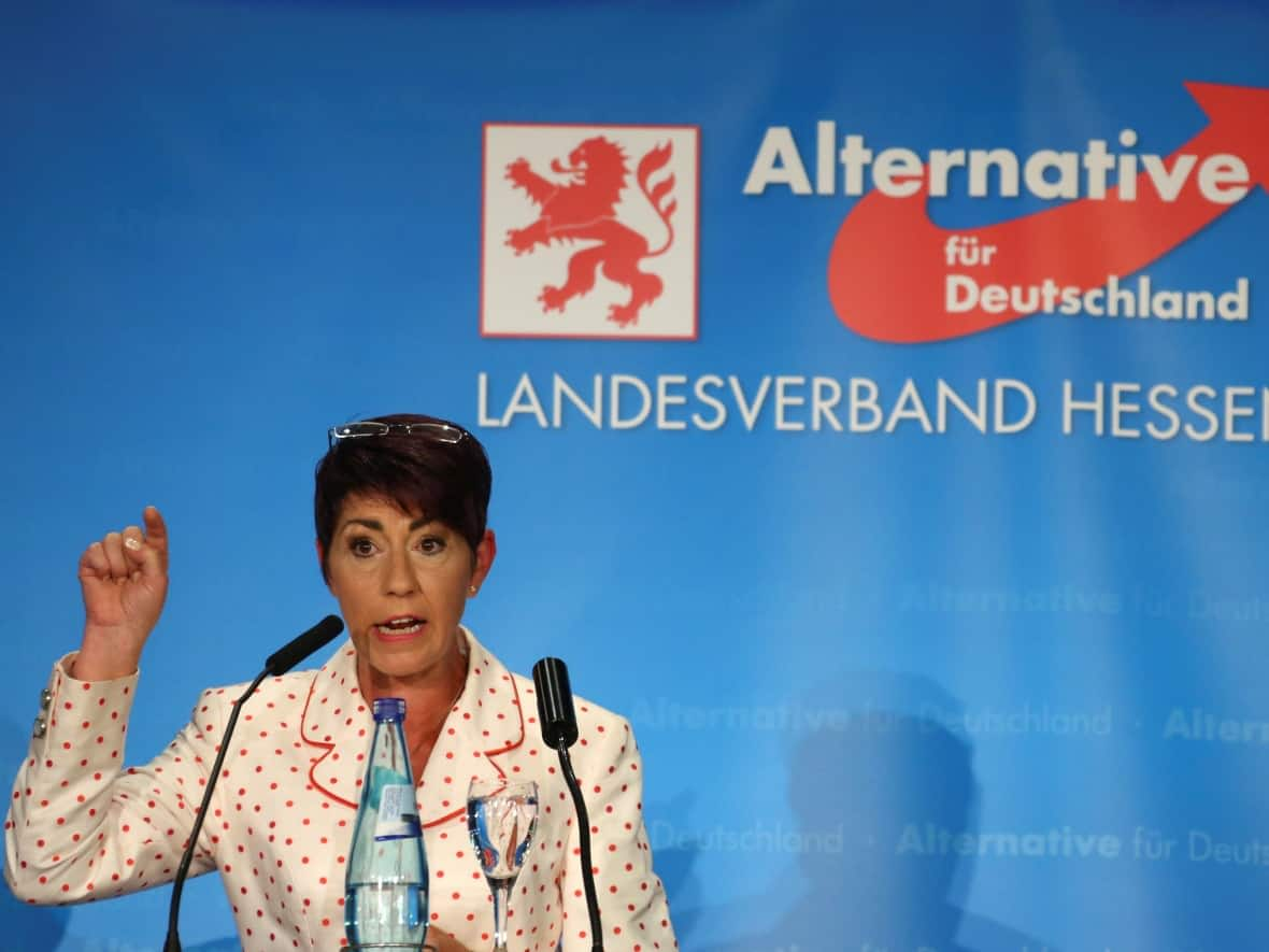 Christine Anderson, a member of the European Parliament with Germany's Alternative für Deutschland (AfD) party, went on a cross-Canada tour, including a stop in Calgary. (Reuters/Ralph Orlowski - image credit)