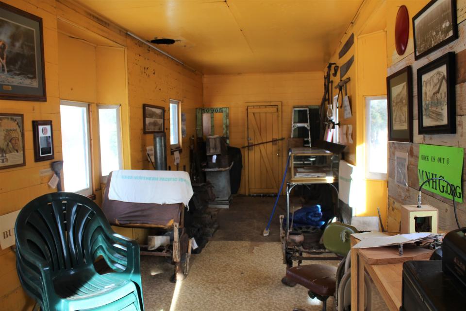 The interior of the old Great Northern Railway "drover car" used to accommodate up to eight cowboys traveling with herds being shipped by rail.