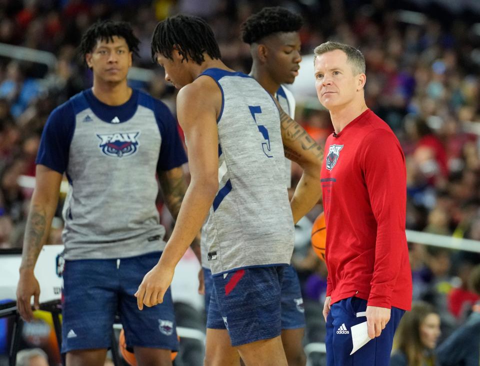 Florida Atlantic Owls head coach Dusty May watches during practice for the Final Four of the 2023 NCAA Tournament at NRG Stadium.