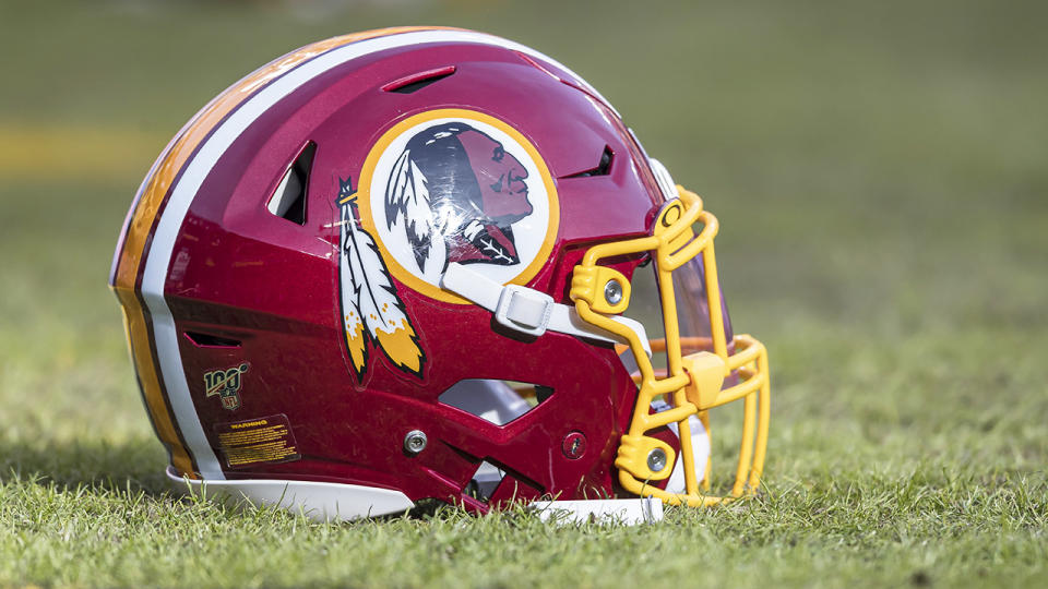 A Washington Redskins helmet, pictured here on the field before a game in 2019.