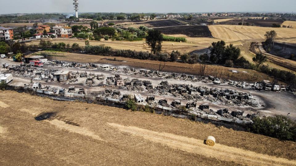 Rome, images from the drone of the Aurelio and Casalotti districts area, affected by the maxi fire. In the photo the garaging with completely burnt campers. (Photo by: Alessandro Serrano'/AGF/Universal Images Group via Getty Images)