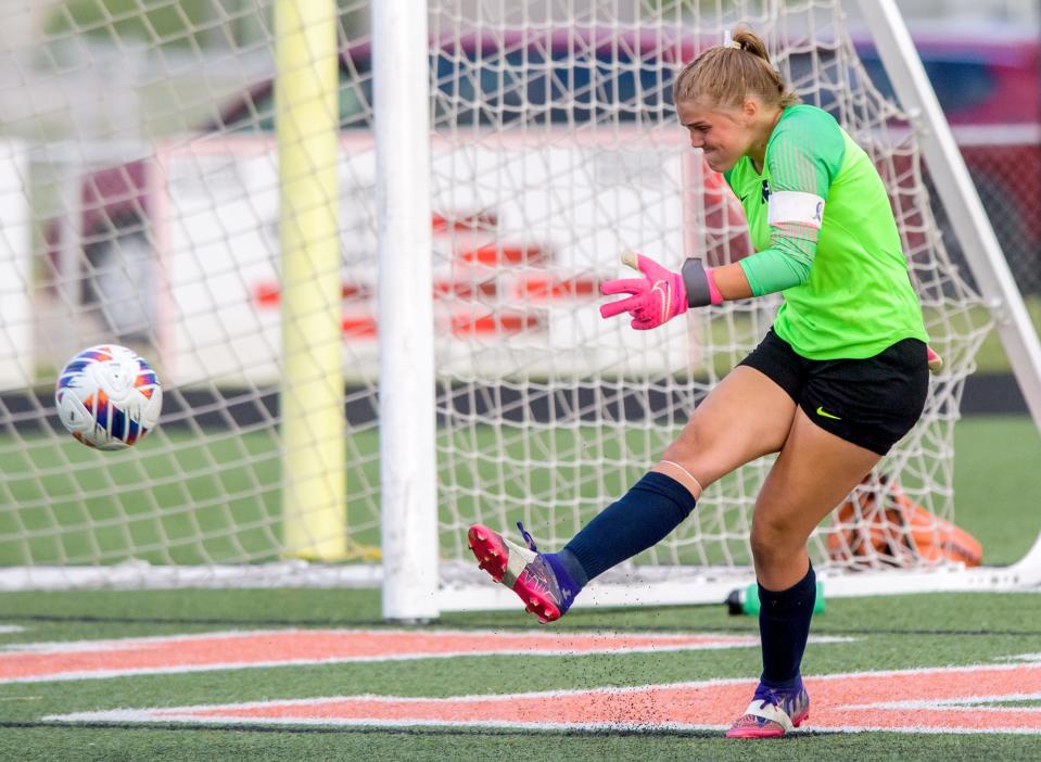 Peoria Notre Dame goaltender Addie Jennetten goal kicks the ball against Benet Academy during their Class 2A supersectional soccer match Tuesday, May 30, 2023 in Washington. The Irish fell to the Redwings 1-0 in overtime.