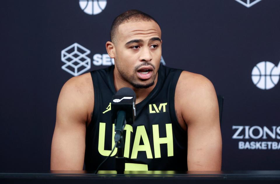 Guard Talen Horton-Tucker talks to members of the media during Utah Jazz media day at the Zions Bank Basketball Center in Salt Lake City on Monday, Oct. 2, 2023. | Kristin Murphy, Deseret News