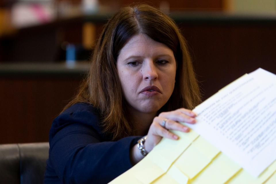 Assistant State Attorney Sara Miller reacts during the trial of defendant Sheila O’Leary, Wednesday, June 22, 2022, at the Lee County Clerk of Court in Fort Myers, Fla.O’Leary and her husband, Patrick Ryan O’Leary, are accused of the death of their months-old baby due to malnutrition.