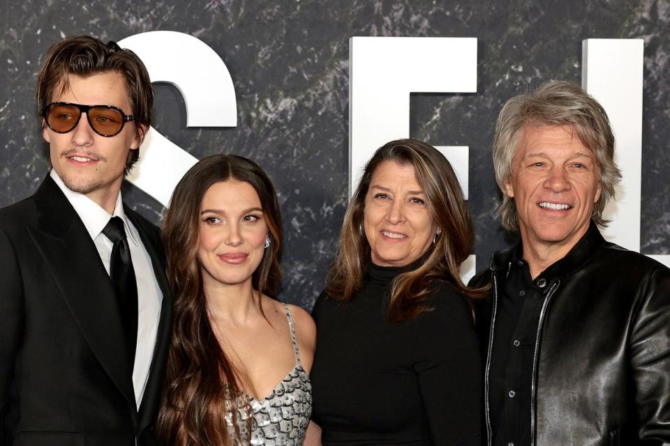 Jake Bongiovi, Millie Bobby Brown, Dorothea Hurley, and Jon Bon Jovi at the New York premiere of ‘Damsel' (Getty Images for Netflix)