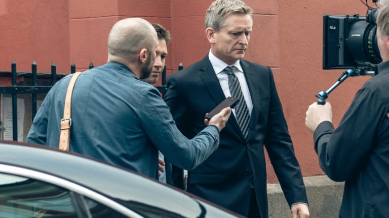 Norwegian actor Henrik Mestad (C) plays the fictious Prime Minister Jesper Berg during the filming of the TV series "Okkupert" (Occupied) in Oslo