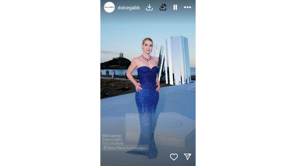 Lady Kitty Spencer wearing a blue starpless sparkly dress on Instagram